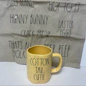 RAE DUNN COTTON TAIL CUTIE yellow splatter mug and dish towel set